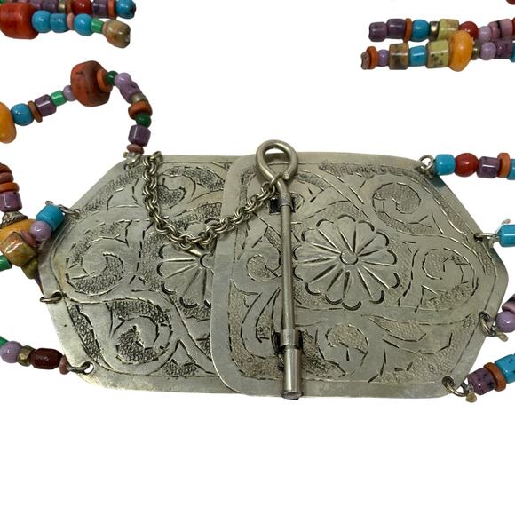 VTG Bohemian Style Belt Silver Tone Metal Conchos Multicolor Beaded Strands Sz M